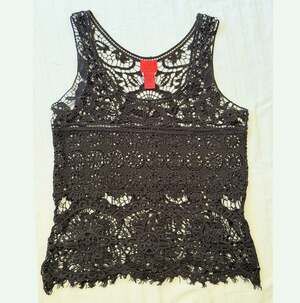 V Cristina Black Cotton Lace Tank Top Large Openwork Floral Boho Gothic Sleevele